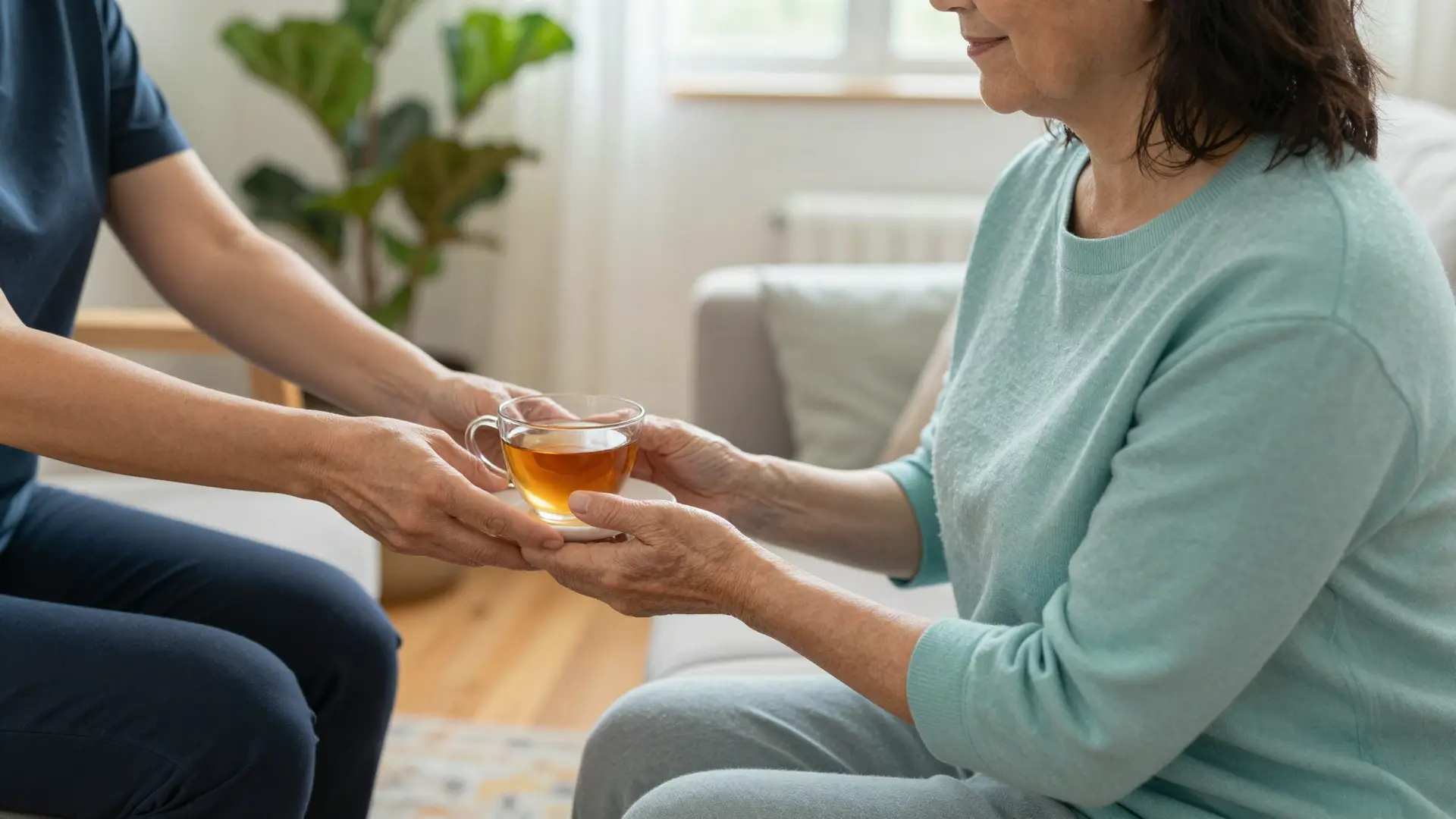 A carer passing a cup of tea to an older woman in a bright living room